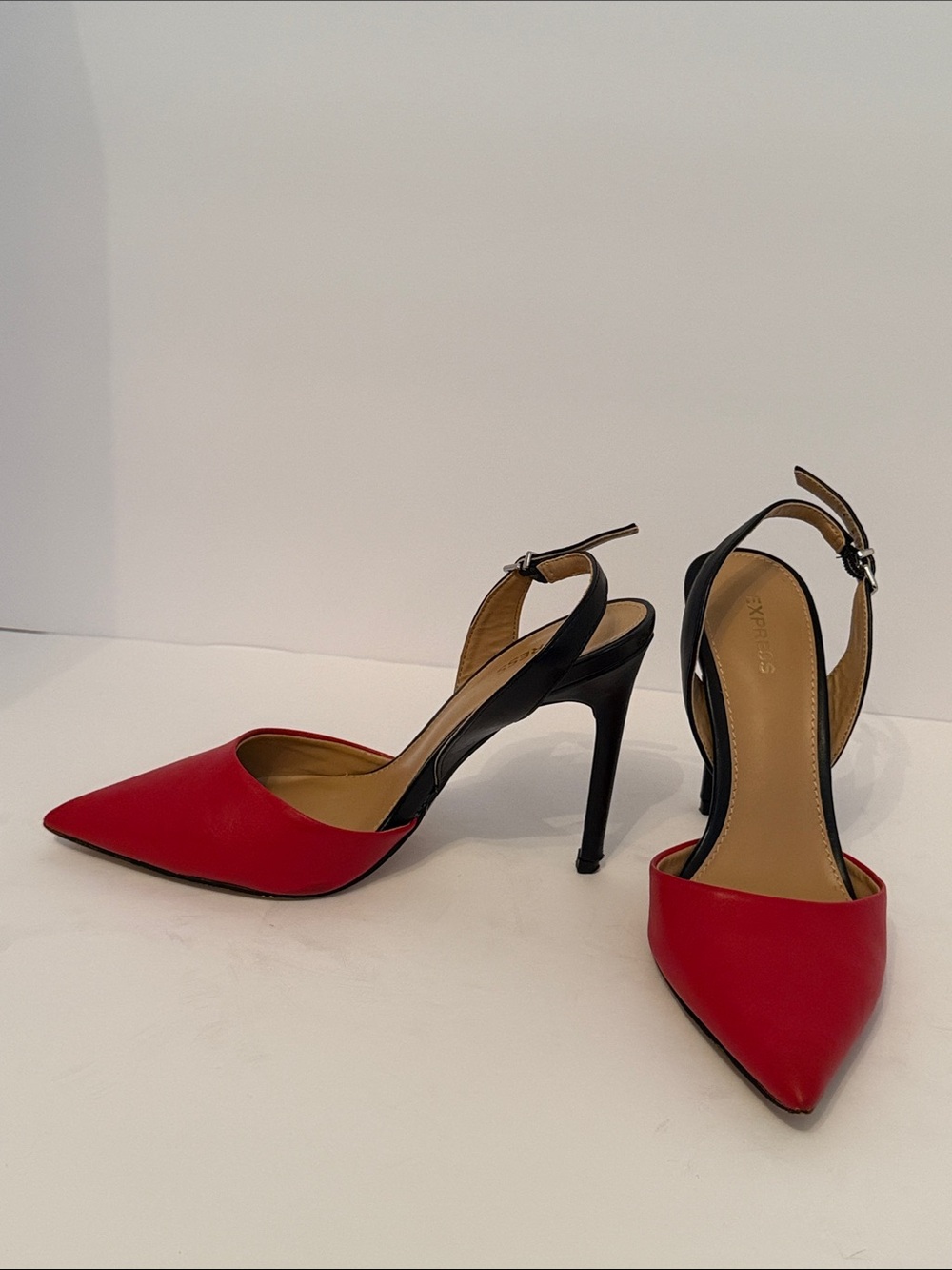 Express Red and Black Pointed Slingback Stiletto Heels